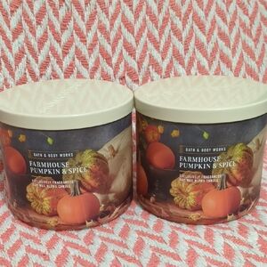 Set of 2 NWT BBW Bath and Body Works 3-Wick Candles Farmhouse Pumpkin & Spice